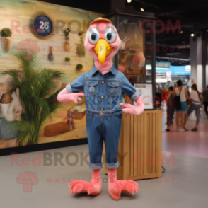 Peach Flamingo mascot costume character dressed with a Denim Shirt and Digital watches