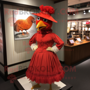 Red Hens mascot costume character dressed with a Skirt and Hat pins
