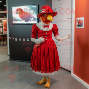 Red Hens mascot costume character dressed with a Skirt and Hat pins