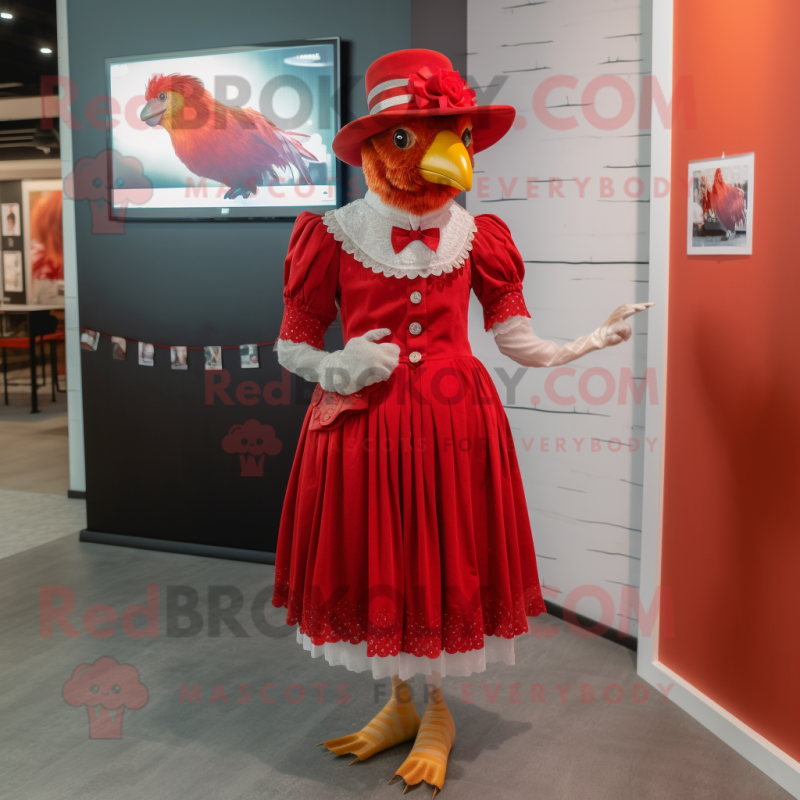 Red Hens mascot costume character dressed with a Skirt and Hat pins Red Hens mascot costume character dressed with a Skirt and Hat pins
