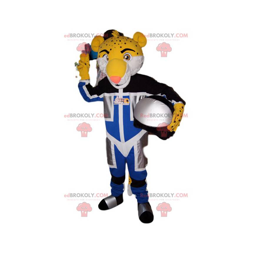 Mascot yellow leopard in biker outfit. Leopard costume. -