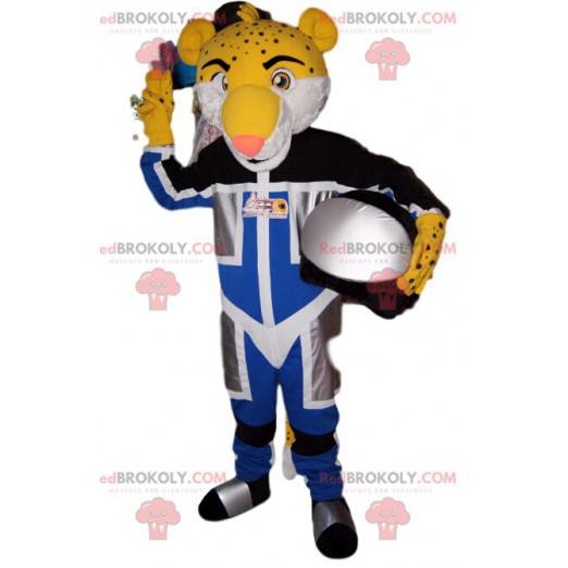 Maskottchen gelber Leopard im Bikeroutfit. Leopardenkostüm. -
