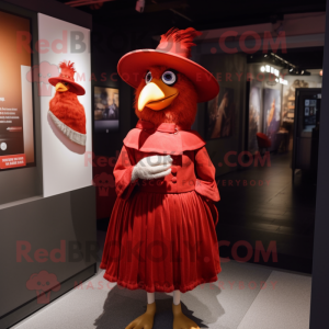 Red Hens mascot costume character dressed with a Skirt and Hat pins
