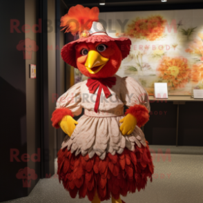 Red Hens mascot costume character dressed with a Skirt and Hat pins