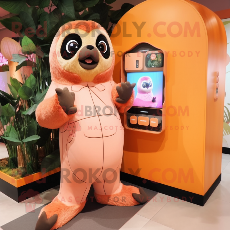 Peach Giant Sloth mascot costume character dressed with a Mini Dress and Wallets Peach Giant Sloth mascot costume character dressed with a Mini Dress and Wallets