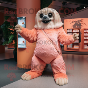 Peach Giant Sloth mascot costume character dressed with a Mini Dress and Wallets