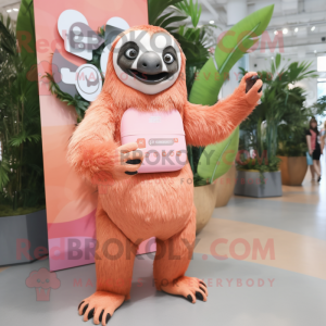 Peach Giant Sloth mascot costume character dressed with a Mini Dress and Wallets