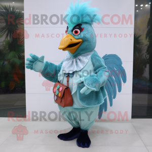 Cyan Roosters mascot costume character dressed with a Sheath Dress and Clutch bags