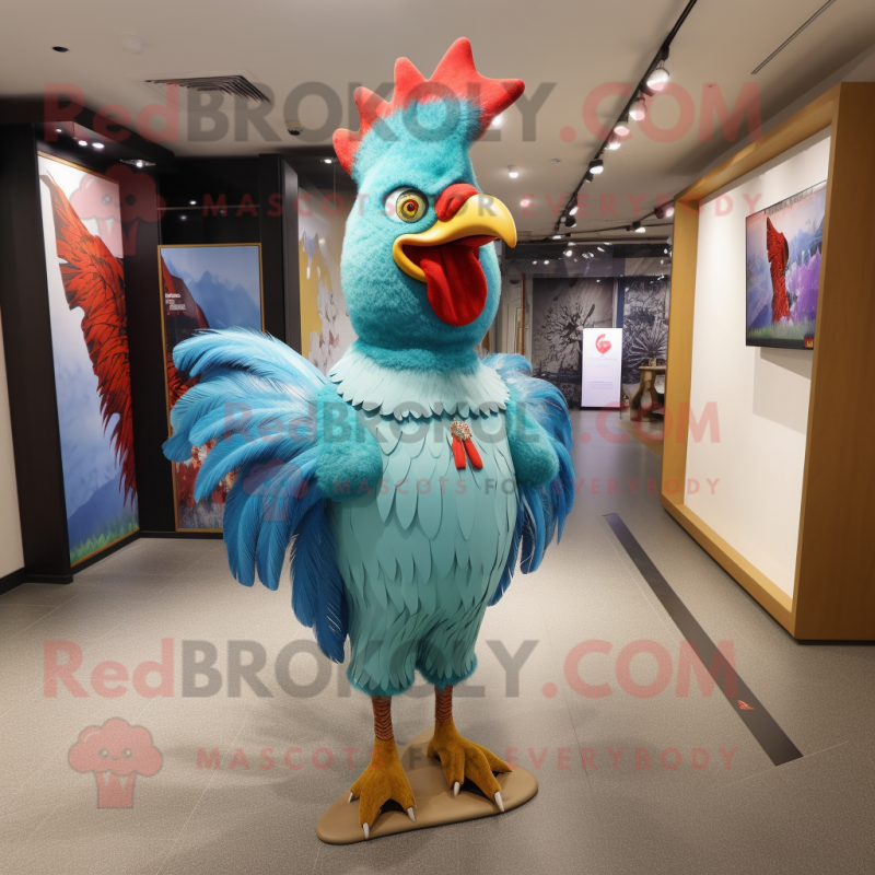 Cyan Roosters mascot costume character dressed with a Sheath Dress and Clutch bags Cyan Roosters mascot costume character dressed with a Sheath Dress and Clutch bags