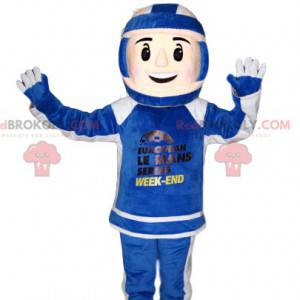 Biker mascot in blue and white outfit. Biker costume -