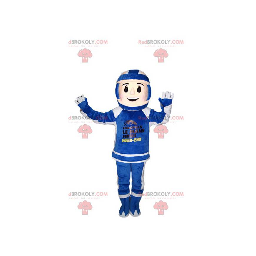 Mascotte de motard en tenue bleue et blanche. Costume de motard Mascotte de motard en tenue bleue et blanche. Costume de motard