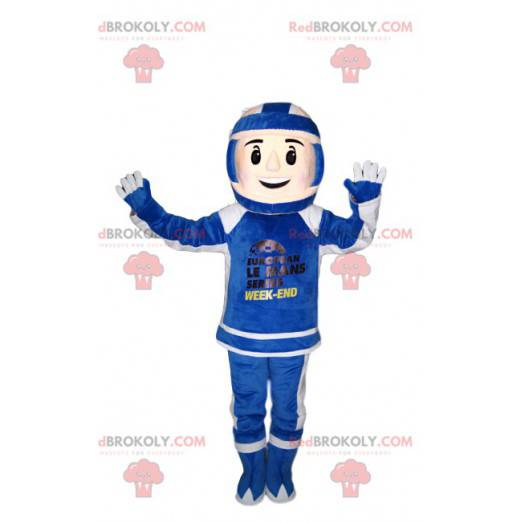 Biker mascot in blue and white outfit. Biker costume -