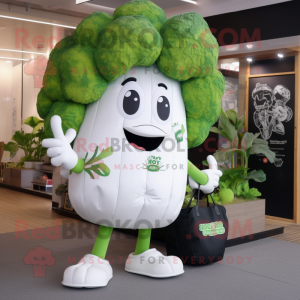 White Broccoli mascot costume character dressed with a Leggings and Clutch bags