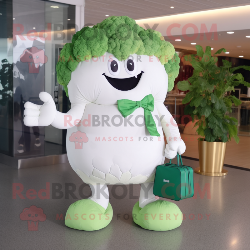 White Broccoli mascot costume character dressed with a Leggings and Clutch bags White Broccoli mascot costume character dressed with a Leggings and Clutch bags
