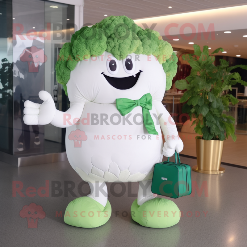 White Broccoli mascot costume character dressed with a Leggings and Clutch bags