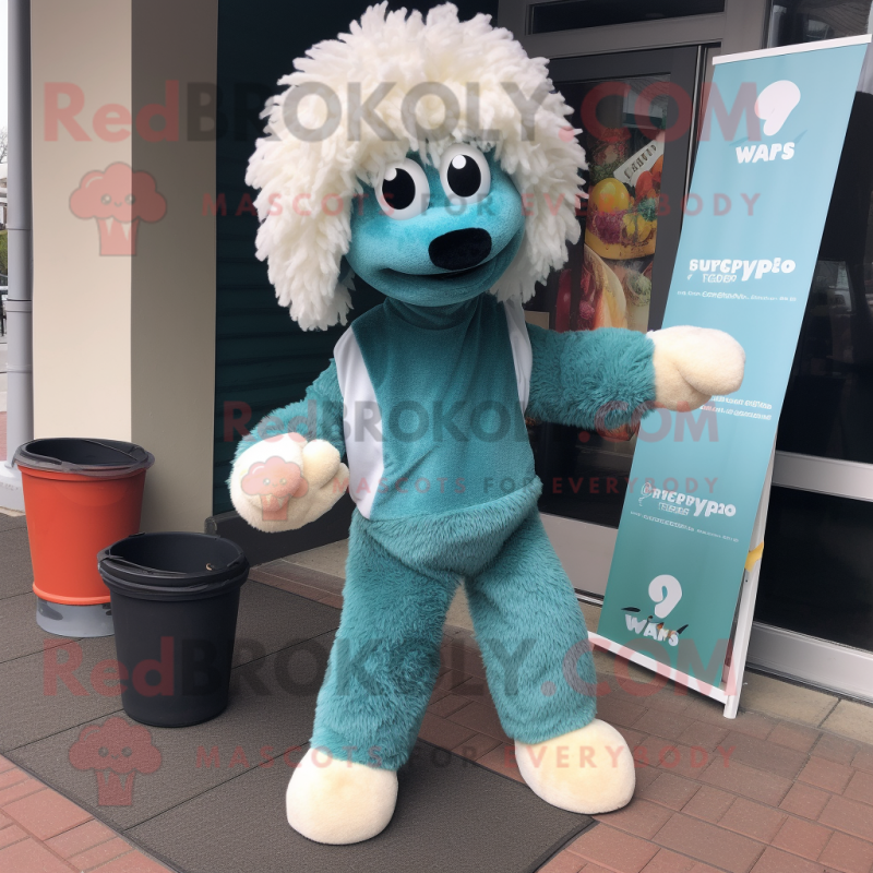 Teal Shepard'S Pie mascot costume character dressed with a Capri Pants and Tie pins