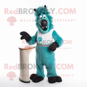 Teal Shepard'S Pie mascot costume character dressed with a Capri Pants and Tie pins