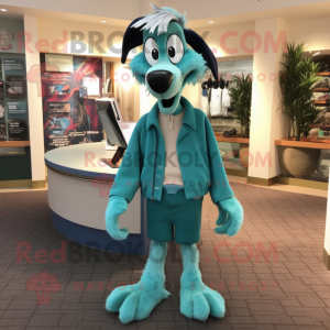 Teal Shepard'S Pie mascot costume character dressed with a Capri Pants and Tie pins