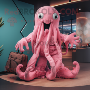 Pink Kraken mascot costume character dressed with a Jumpsuit and Handbags