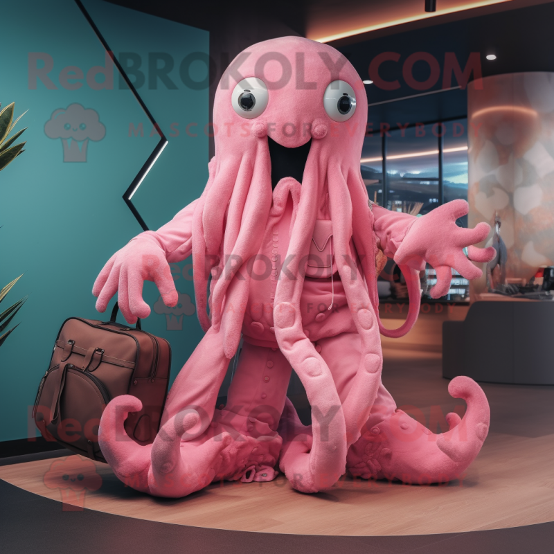 Pink Kraken mascot costume character dressed with a Jumpsuit and Handbags Pink Kraken mascot costume character dressed with a Jumpsuit and Handbags