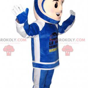 Mascotte de motard en tenue bleue et blanche. Costume de motard