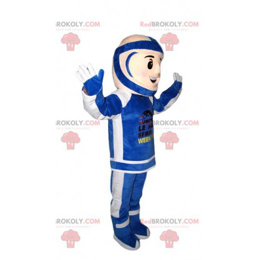 Biker mascot in blue and white outfit. Biker costume -