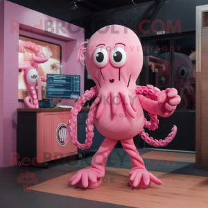 Pink Kraken mascot costume character dressed with a Jumpsuit and Handbags