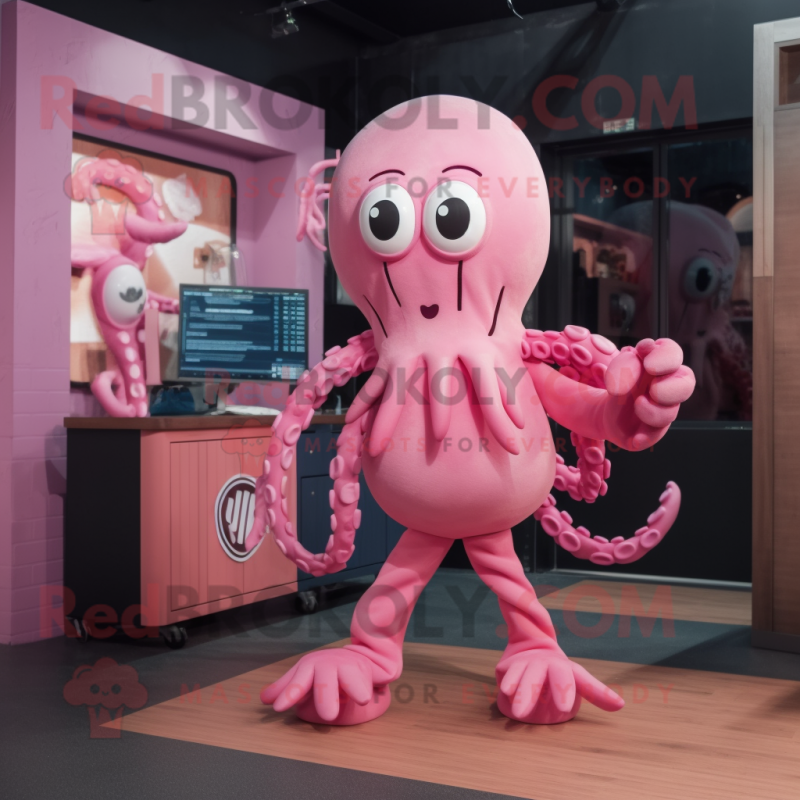 Pink Kraken mascot costume character dressed with a Jumpsuit and Handbags