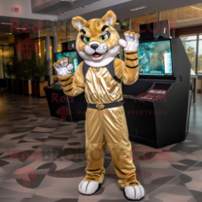 Gold Bobcat mascot costume character dressed with a Jumpsuit and Gloves