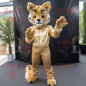 Gold Bobcat mascot costume character dressed with a Jumpsuit and Gloves