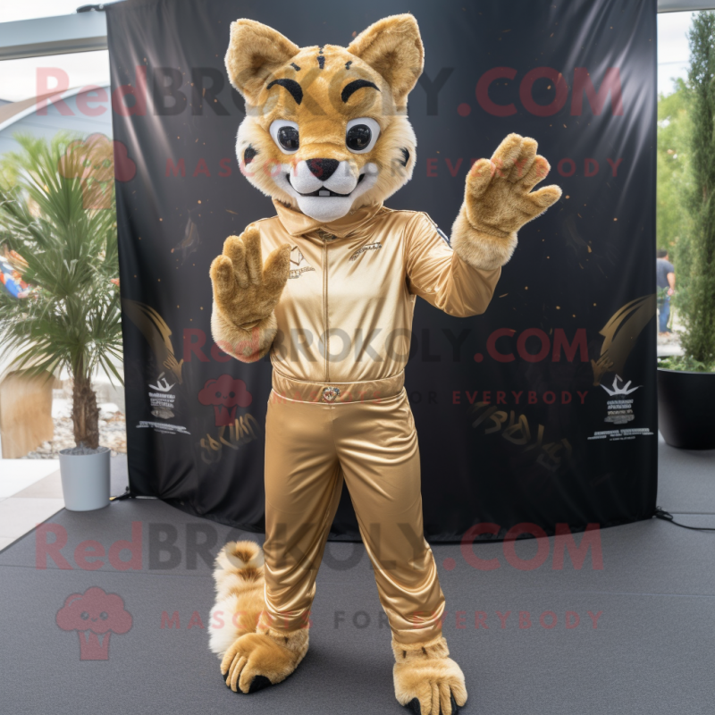 Gold Bobcat mascot costume character dressed with a Jumpsuit and Gloves Gold Bobcat mascot costume character dressed with a Jumpsuit and Gloves