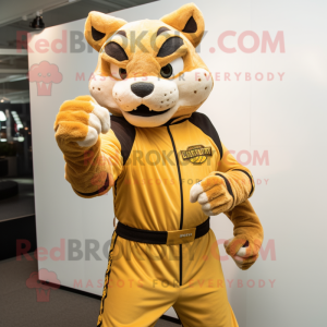 Gold Bobcat mascot costume character dressed with a Jumpsuit and Gloves