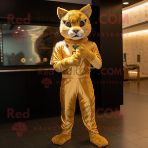 Gold Bobcat mascot costume character dressed with a Jumpsuit and Gloves