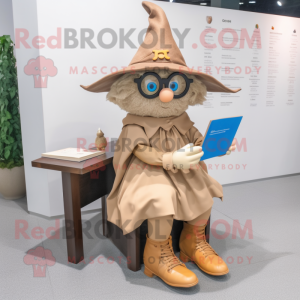 Tan Witch'S Hat mascot costume character dressed with a Romper and Reading glasses