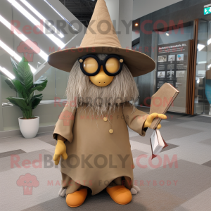 Tan Witch'S Hat mascot costume character dressed with a Romper and Reading glasses