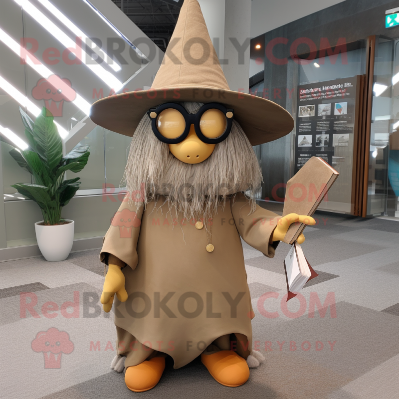 Tan Witch'S Hat mascot costume character dressed with a Romper and Reading glasses Tan Witch'S Hat mascot costume character dressed with a Romper and Reading glasses
