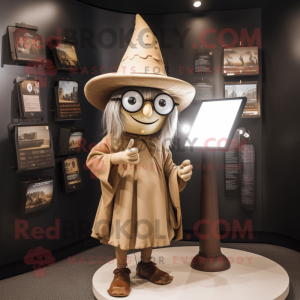 Tan Witch'S Hat mascot costume character dressed with a Romper and Reading glasses