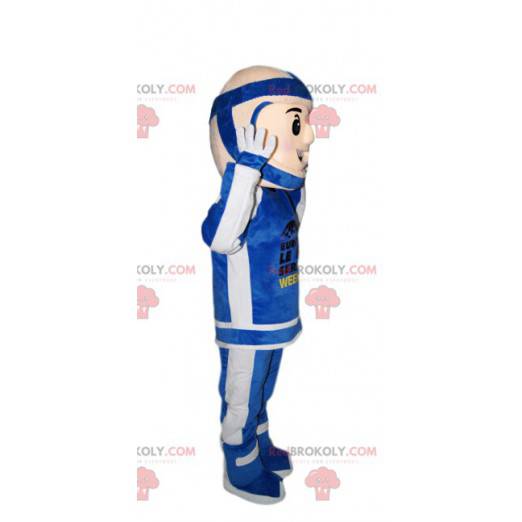 Biker-Maskottchen im blau-weißen Outfit. Biker Kostüm -