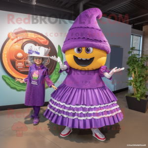 Purple Tacos mascot costume character dressed with a Circle Skirt and Berets