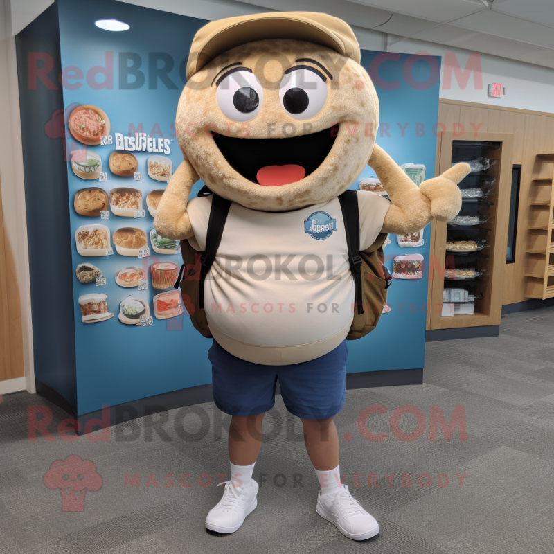 Beige Bagels mascot costume character dressed with a Denim Shorts and Backpacks