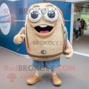 Beige Bagels mascot costume character dressed with a Denim Shorts and Backpacks