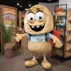 Beige Bagels mascot costume character dressed with a Denim Shorts and Backpacks