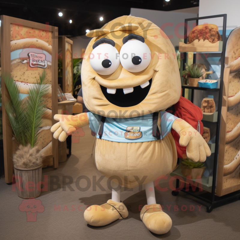 Beige Bagels mascot costume character dressed with a Denim Shorts and Backpacks Beige Bagels mascot costume character dressed with a Denim Shorts and Backpacks