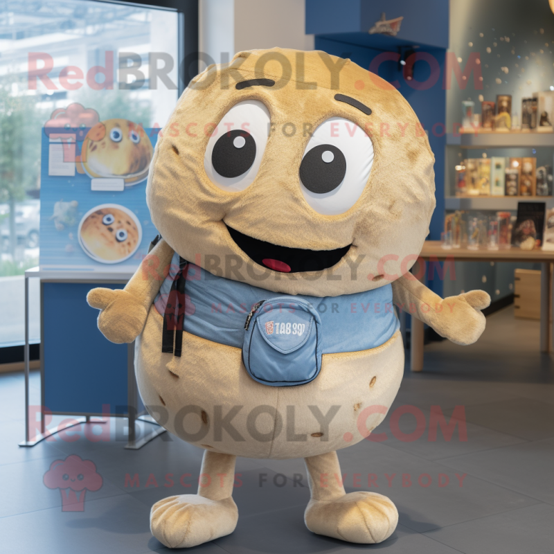 Beige Bagels mascot costume character dressed with a Denim Shorts and Backpacks