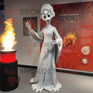 Silver Fire Eater mascot costume character dressed with a Shift Dress and Shawls