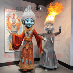 Silver Fire Eater mascot costume character dressed with a Shift Dress and Shawls