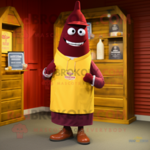 Maroon Bottle Of Mustard mascot costume character dressed with a Bermuda Shorts and Cufflinks