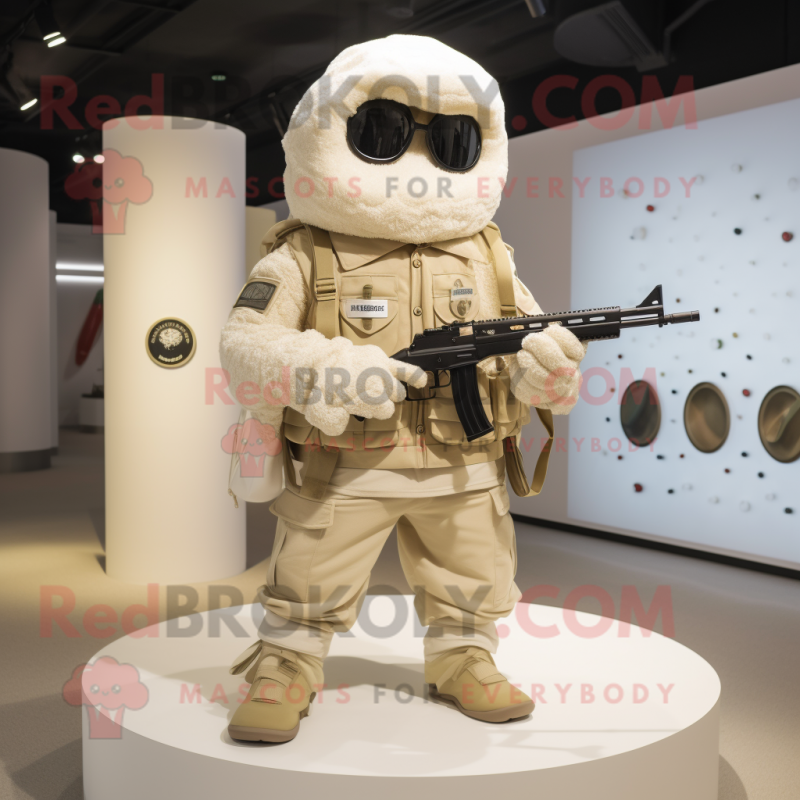 Cream Sniper mascot costume character dressed with a Vest and Rings Cream Sniper mascot costume character dressed with a Vest and Rings