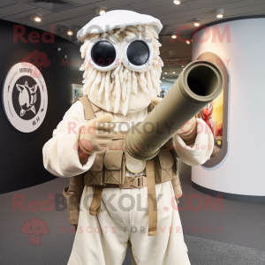 Cream Sniper mascot costume character dressed with a Vest and Rings