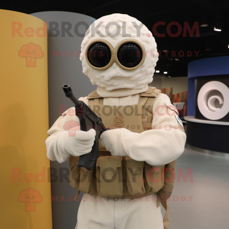 Cream Sniper mascot costume character dressed with a Vest and Rings Cream Sniper mascot costume character dressed with a Vest and Rings